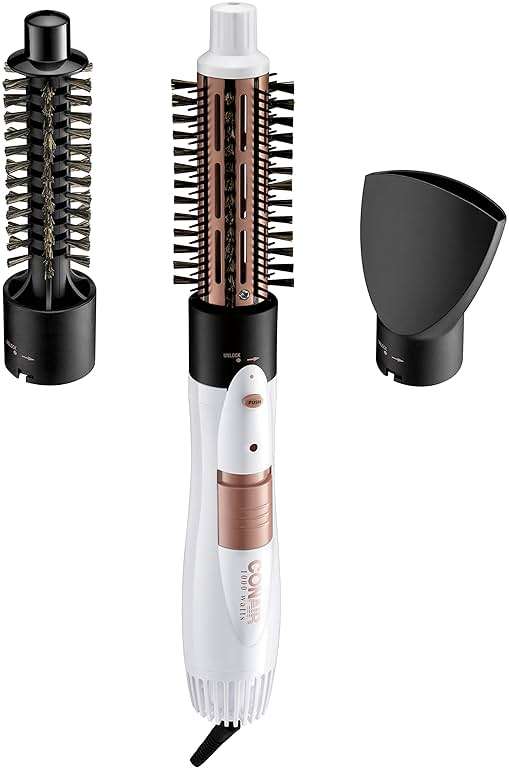 Conair Double Ceramic 3-in-1 Hot Air Brush, Interchangeable Attachments: 1¼-Inch Thermal Brush, ¾-Inch Boar and Nylon Bristle Brush, and Concentrator, Voluminous Curls & Straight Styles, White - Image 1