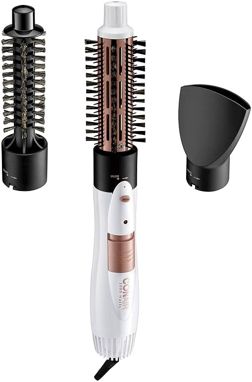 Conair Double Ceramic 3-in-1 Hot Air Brush, Interchangeable Attachments: 1¼-Inch Thermal Brush, ¾-Inch Boar and Nylon Bristle Brush, and Concentrator, Voluminous Curls & Straight Styles, White - Product Image