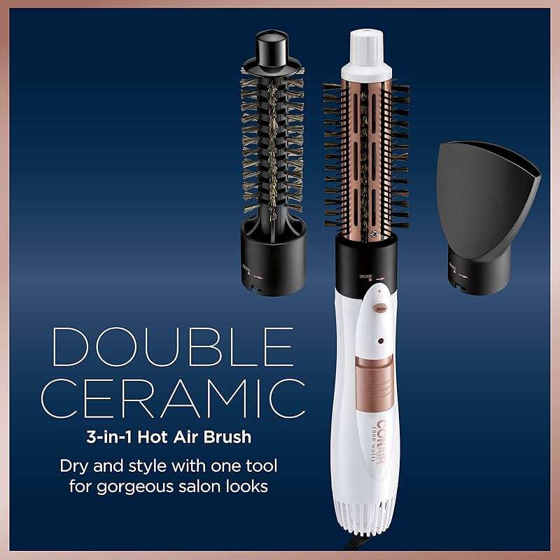 Conair Double Ceramic 3-in-1 Hot Air Brush, Interchangeable Attachments: 1¼-Inch Thermal Brush, ¾-Inch Boar and Nylon Bristle Brush, and Concentrator, Voluminous Curls & Straight Styles, White - Image 2