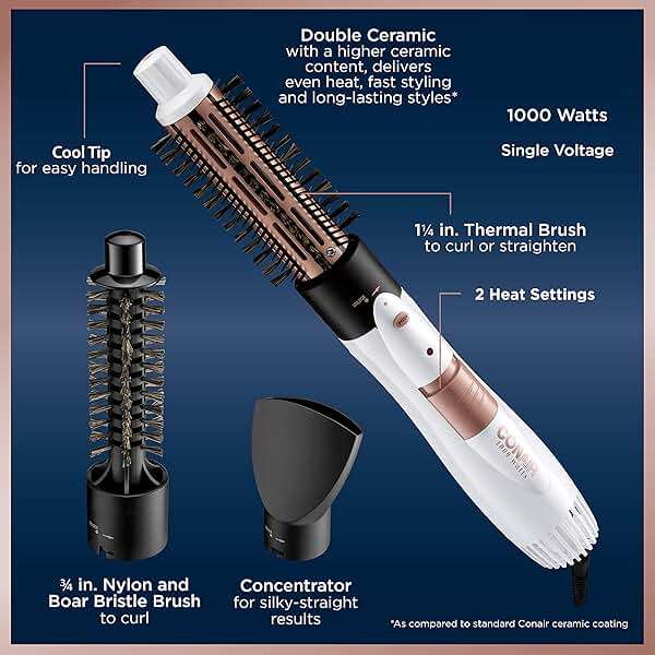 Conair Double Ceramic 3-in-1 Hot Air Brush, Interchangeable Attachments: 1¼-Inch Thermal Brush, ¾-Inch Boar and Nylon Bristle Brush, and Concentrator, Voluminous Curls & Straight Styles, White - Image 4