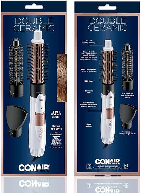 Conair Double Ceramic 3-in-1 Hot Air Brush, Interchangeable Attachments: 1¼-Inch Thermal Brush, ¾-Inch Boar and Nylon Bristle Brush, and Concentrator, Voluminous Curls & Straight Styles, White - Image 6