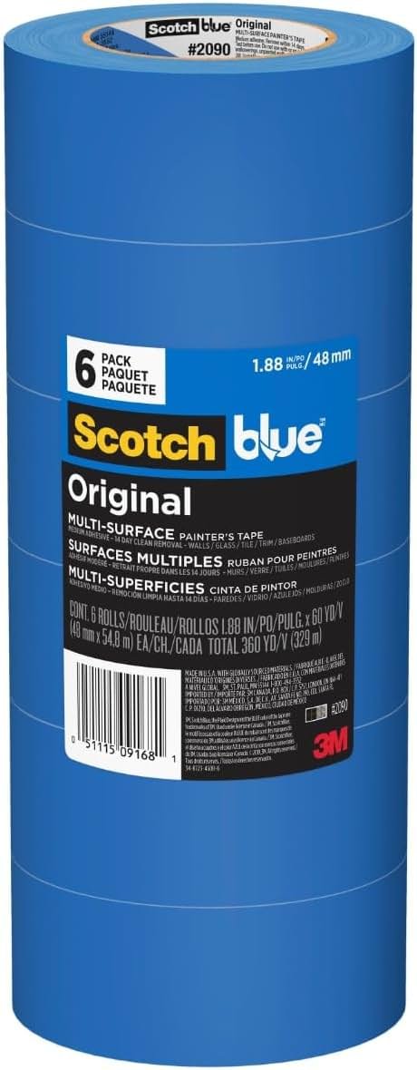 ScotchBlue Original Multi-Surface Painters Tape, 2 Inch Wide (1.88 In. x 60 Yds), 6 Rolls Blue Paint Tape Protects Surfaces & Removes Easily, Masking Tape for Indoor and Outdoor Use (2090-48TP6) - Product Image