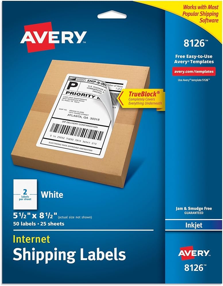 Avery Half-Sheet Printable Shipping Labels, 5.5" x 8.5" Customizable Stickers, White, 50 Blank Mailing Labels, Great for Mailing, Shipping, Organizing, and More (8126) - Product Image