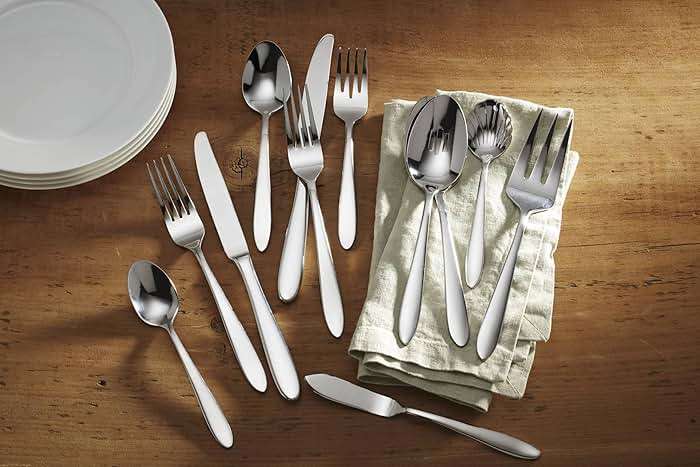 Oneida Silverware Set For 8, Mooncrest 45-Piece Everyday Flatware Set with Serving Utensils, Service For 8, 18/0 Stainless Steel and Dishwasher Safe, Knives Spoons And Forks Sets (Silver, 45 Piece) - Image 2