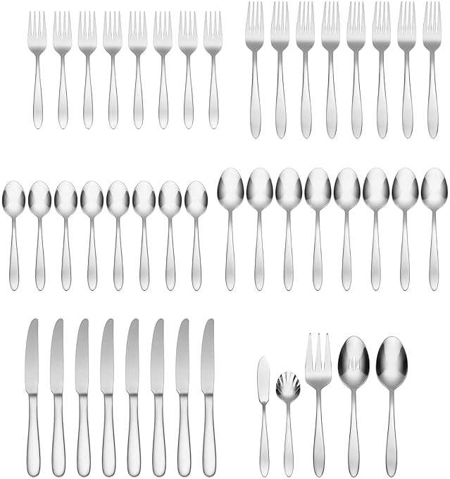Oneida Silverware Set For 8, Mooncrest 45-Piece Everyday Flatware Set with Serving Utensils, Service For 8, 18/0 Stainless Steel and Dishwasher Safe, Knives Spoons And Forks Sets (Silver, 45 Piece) - Image 4