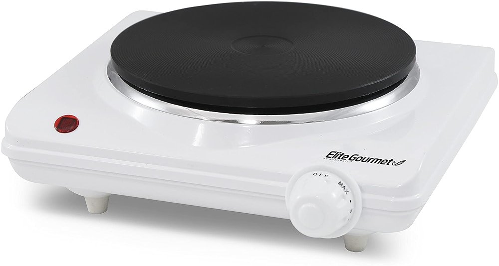 Elite Gourmet ESB-301F Countertop Single Cast Iron Burner, 1000 Watts Electric Hot Plate, Temperature Controls, Power Indicator Lights, Easy to Clean, White - Product Image