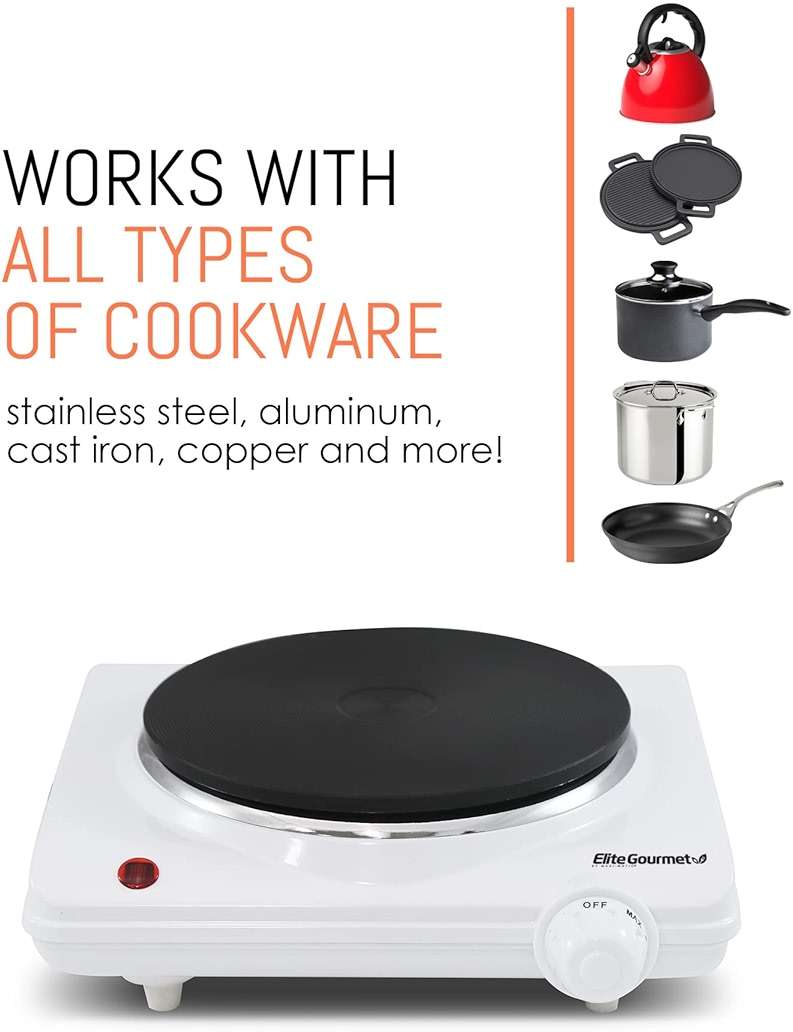 Elite Gourmet ESB-301F Countertop Single Cast Iron Burner, 1000 Watts Electric Hot Plate, Temperature Controls, Power Indicator Lights, Easy to Clean, White - Image 4