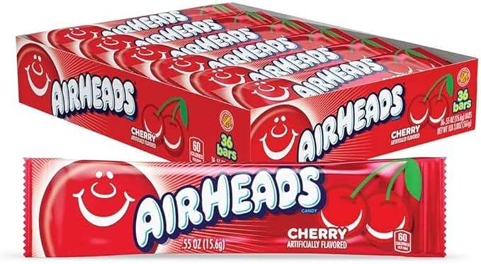 Airheads Full-Size Candy Bars, Taffy Candy Pack, Individually Wrapped Bulk Candy, Cherry Flavor Artificially Flavored, 36 Count Box - Image 1
