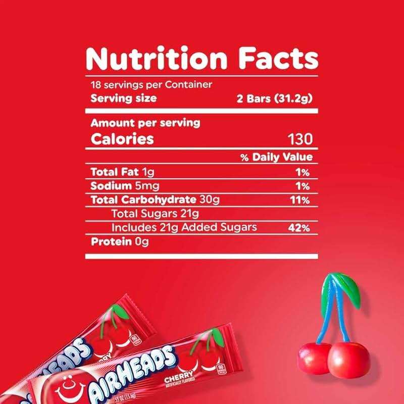 Airheads Full-Size Candy Bars, Taffy Candy Pack, Individually Wrapped Bulk Candy, Cherry Flavor Artificially Flavored, 36 Count Box - Image 2