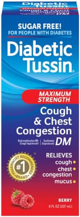 Diabetic Tussin DM Max Strength Cough & Chest Congestion Relief, Safe for Diabetics, Berry Flavored, 8 fl oz. (Pack of 1) - Product Image