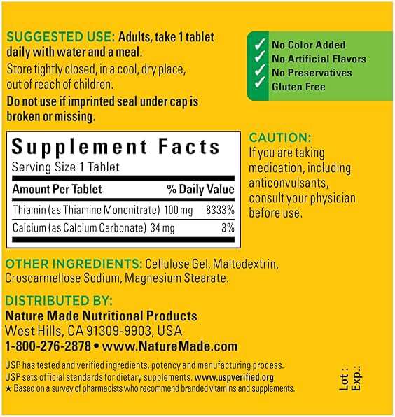 Nature Made Vitamin B1 100mg, Thiamine B1 Supplement for Energy Metabolism Support, 100 Tablets, 100 Day Supply - Image 5