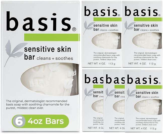 Basis Sensitive Skin Bar Soap for Body, Hands and Face, Unscented Soap Bar for Sensitive Skin with Chamomile and Aloe Vera, Bar Soap Bulk Pack, 4 Oz Bar, Pack of 6 - Image 1