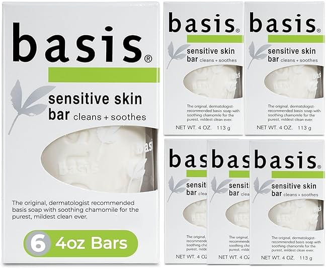 Basis Sensitive Skin Bar Soap for Body, Hands and Face, Unscented Soap Bar for Sensitive Skin with Chamomile and Aloe Vera, Bar Soap Bulk Pack, 4 Oz Bar, Pack of 6 - Product Image