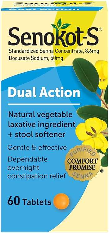Senokot-S Dual Action 60 Tablets, Natural Vegetable Laxative Ingredient Plus Stool Softener Tablets, Gentle Dependable Overnight Relief of Occasional constipation White - Image 1