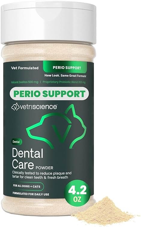 VetriScience Dental Care Powder for Dogs & Cats – Helps Reduce Plaque & Tartar Buildup, Clean Teeth & Fresher Breath, Clinically Tested, Vet-Formulated Oral Supplement, 4.2 oz - Product Image