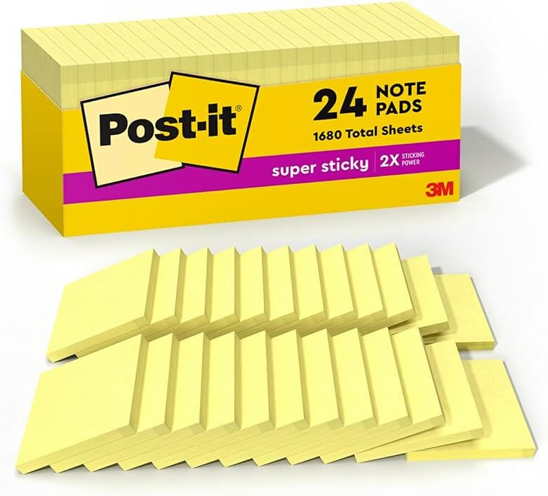 Post-it Super Sticky Notes, 24 Pads, 3 x 3 in., School Supplies, Office Products, Sticky Notes for Vertical Surfaces, Monitors, Walls and Windows, Canary Yellow - Product Image