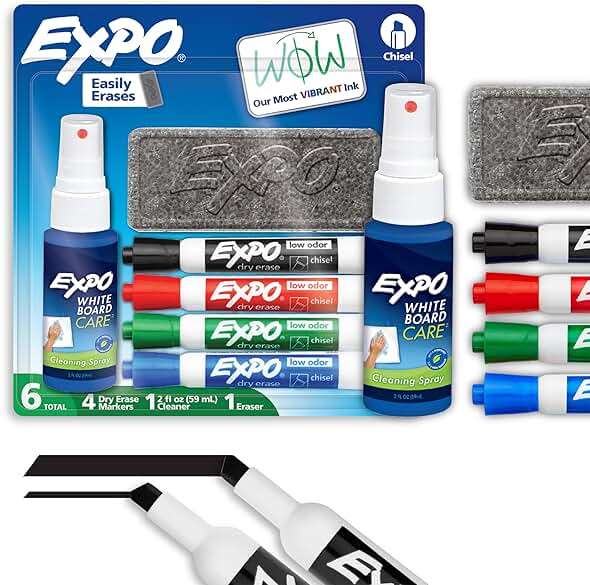 EXPO Dry Erase Markers Kit, Chisel Tip, Assorted Colors, Eraser, Spray Cleaner, 6 Count - Whiteboard, Calendar, Office Essentials, School, Classroom, Teacher Supplies - Image 1