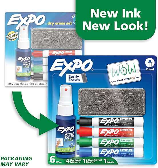 EXPO Dry Erase Markers Kit, Chisel Tip, Assorted Colors, Eraser, Spray Cleaner, 6 Count - Whiteboard, Calendar, Office Essentials, School, Classroom, Teacher Supplies - Image 3
