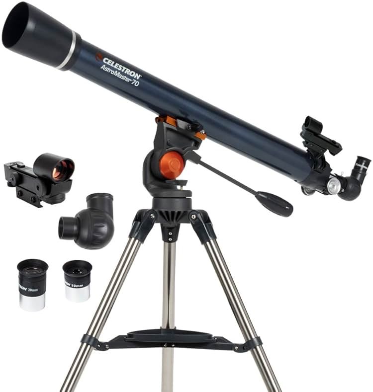 Celestron – AstroMaster 70AZ Telescope – Refractor Telescope – Fully-Coated Glass Optics – Adjustable-Height Tripod – Bonus Astronomy Software Package - Product Image