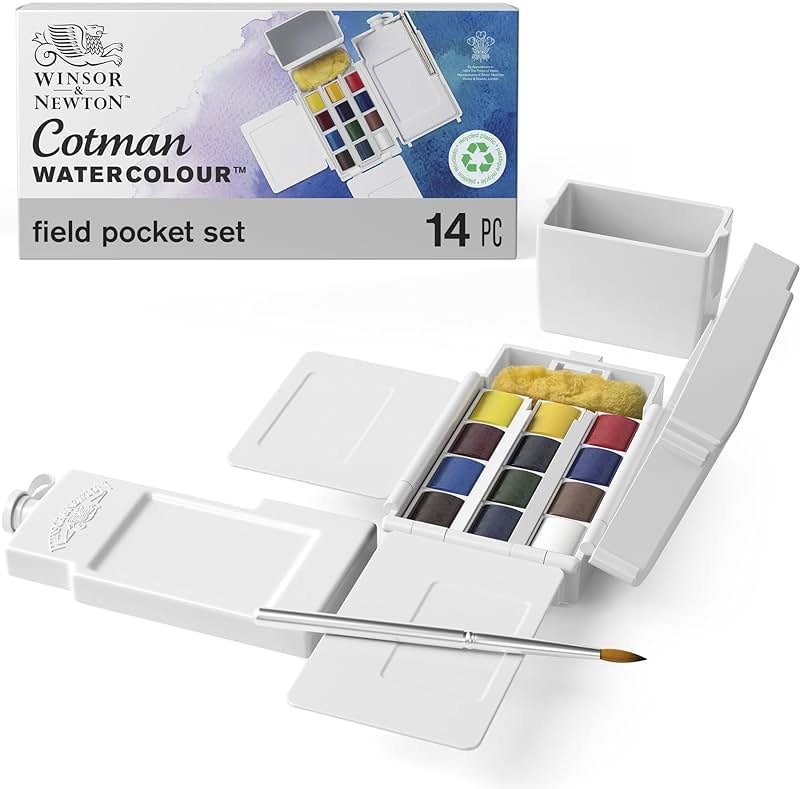 Winsor & Newton Cotman Watercolor Paint Set, Field Pocket Set, 12 Half Pan w/ Brush, Sponge, Bottle - Product Image