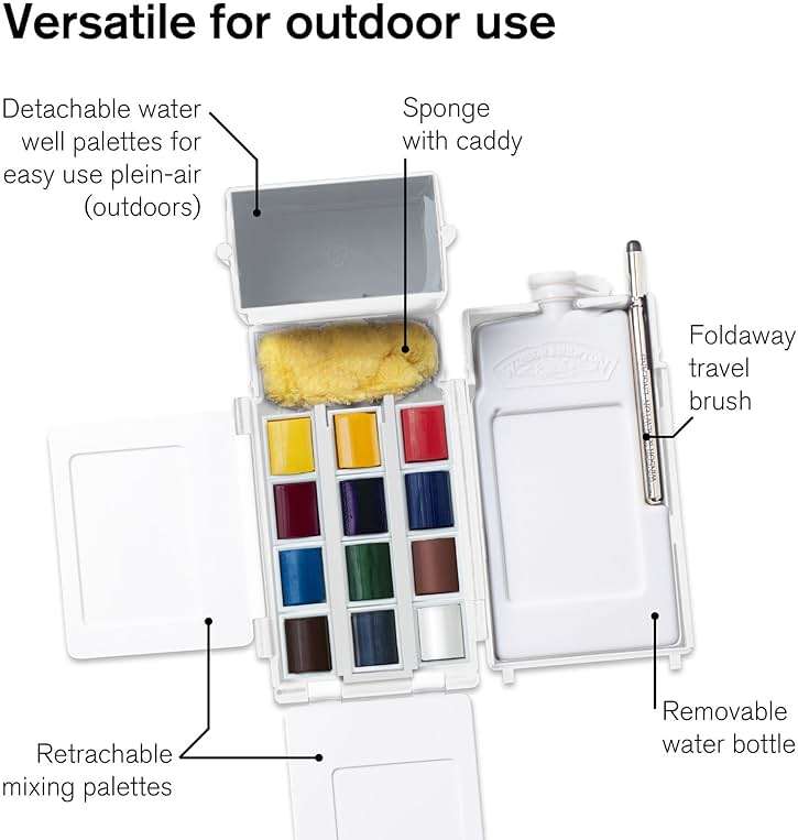 Winsor & Newton Cotman Watercolor Paint Set, Field Pocket Set, 12 Half Pan w/ Brush, Sponge, Bottle - Image 5