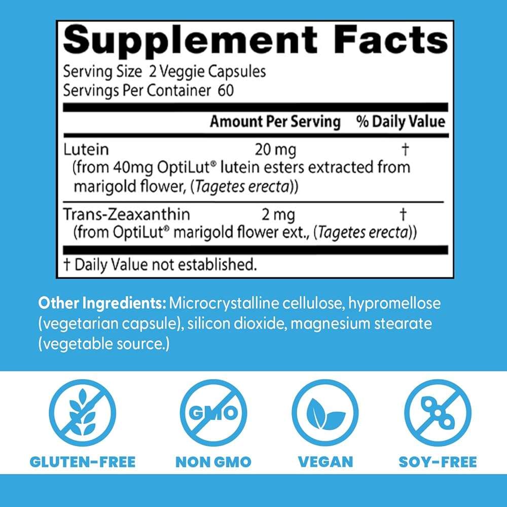 Doctor's Best Lutein Supplement 20mg with Trans Zeaxanthin - Lutein for Eyes, Eye Health Vitamins for Men & Women, Vision and Macular Health Support Capsules, OptiLut Marigold Flower - 120 Veg Caps - Image 3