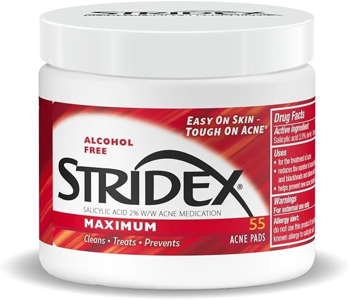 Stridex Medicated Acne Pads, Maximum, 55 Count – Facial Cleansing Wipes, Alcohol Free, Acne Treatment for Face, For Moderate Acne, Smooth Application - Product Image