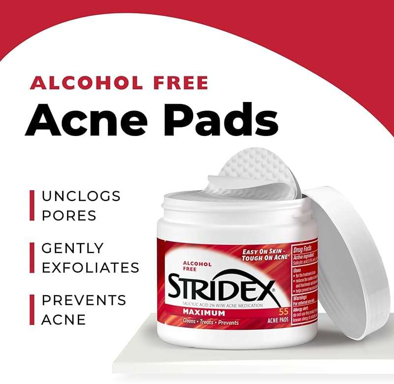 Stridex Medicated Acne Pads, Maximum, 55 Count – Facial Cleansing Wipes, Alcohol Free, Acne Treatment for Face, For Moderate Acne, Smooth Application - Image 5
