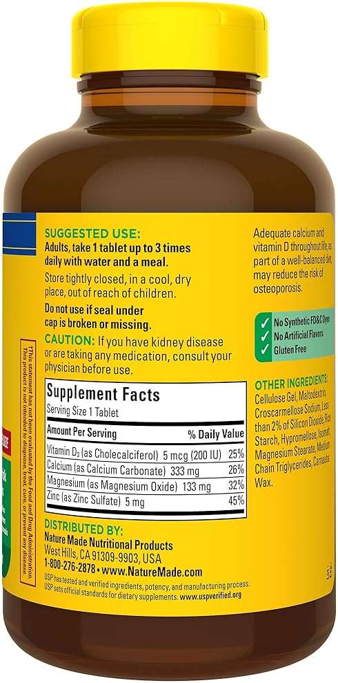 Nature Made Calcium Magnesium Zinc with Vitamin D3, Dietary Calcium Supplement for Bone Support, 300 Tablets - Image 9