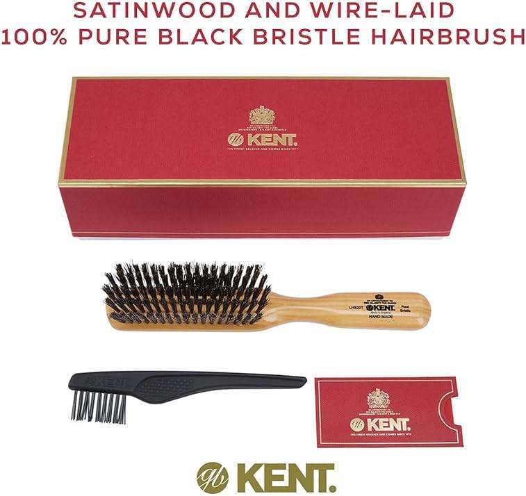 Kent LHS22T Satinwood and Wire-Laid 100% Pure Black Bristle Hair Brush for Daily Grooming Medium to Long Thick Hair, Narrow Flat Face Hair Brush to Promote Natural Shine. Handmade in England - Image 2