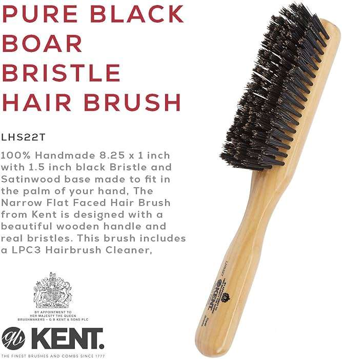 Kent LHS22T Satinwood and Wire-Laid 100% Pure Black Bristle Hair Brush for Daily Grooming Medium to Long Thick Hair, Narrow Flat Face Hair Brush to Promote Natural Shine. Handmade in England - Image 3