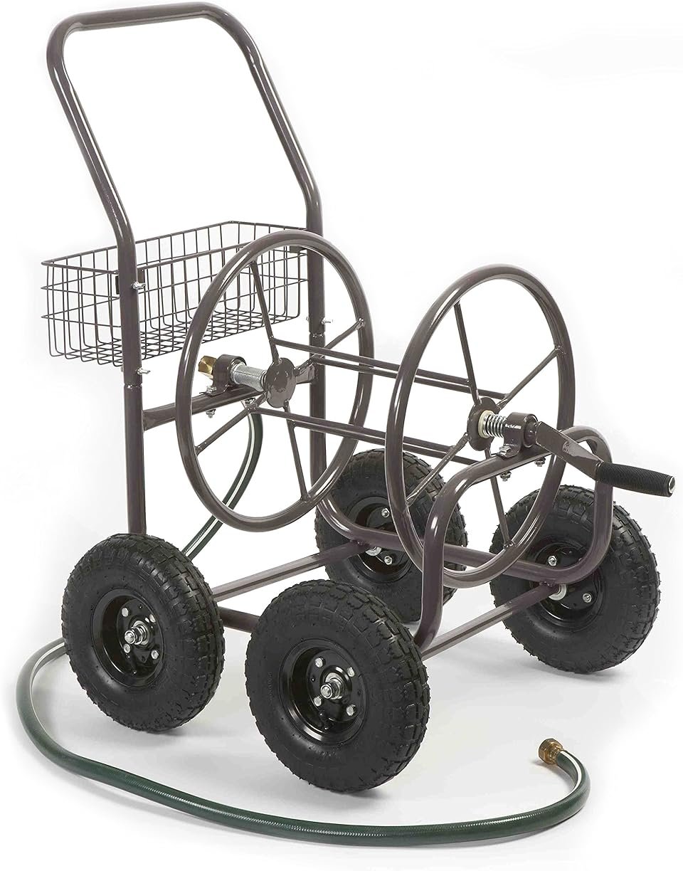 Liberty Garden Residential Grade Four Wheel 250 Foot Capacity Steel Frame Water Hose Reel Cart with Basket for Backyard, Garden, or Home, Brown, Bronze - Product Image