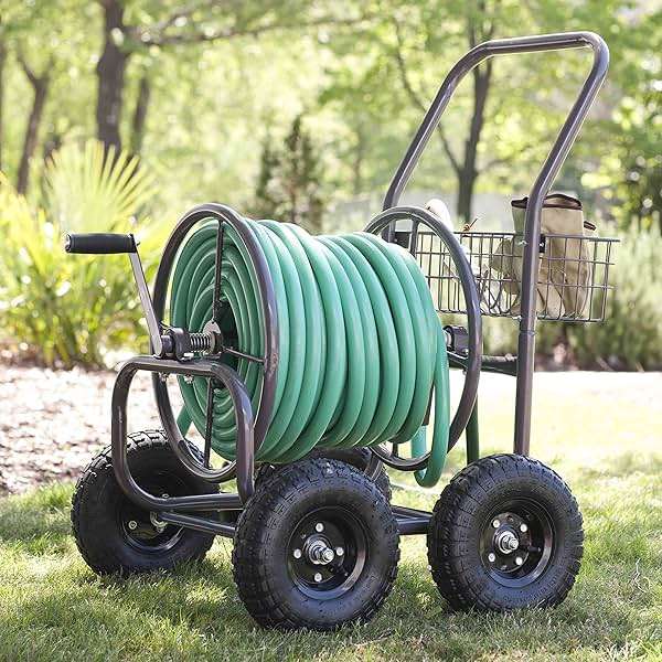 Liberty Garden Residential Grade Four Wheel 250 Foot Capacity Steel Frame Water Hose Reel Cart with Basket for Backyard, Garden, or Home, Brown, Bronze - Image 2