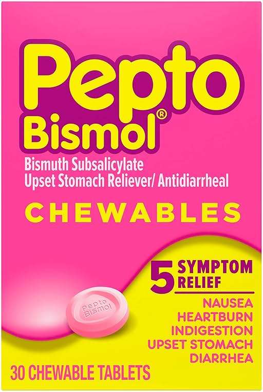 Pepto Bismol Chewable Tablets, Upset Stomach Relief, Nausea Relief, Heartburn Relief, Indigestion Relief, Anti Diarrhea Medication for Adults - 5 Symptom Relief, 30 ct - Image 1