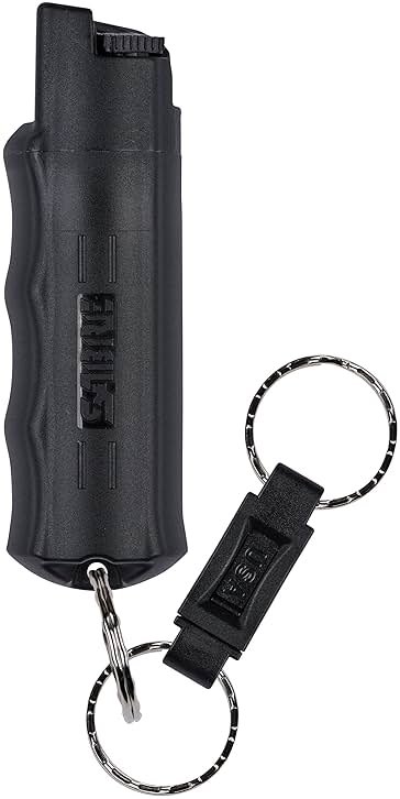 SABRE Pepper Spray with Quick Release Keychain for Self Defense – Maximum Strength OC Spray with UV Marking Dye, Twist Lock Safety, Finger Grip, 10‑Second Spray, 14‑ft Range, Made in USA, 0.54 fl oz - Product Image