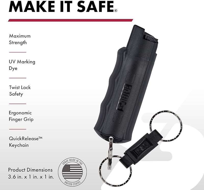 SABRE Pepper Spray with Quick Release Keychain for Self Defense – Maximum Strength OC Spray with UV Marking Dye, Twist Lock Safety, Finger Grip, 10‑Second Spray, 14‑ft Range, Made in USA, 0.54 fl oz - Image 2