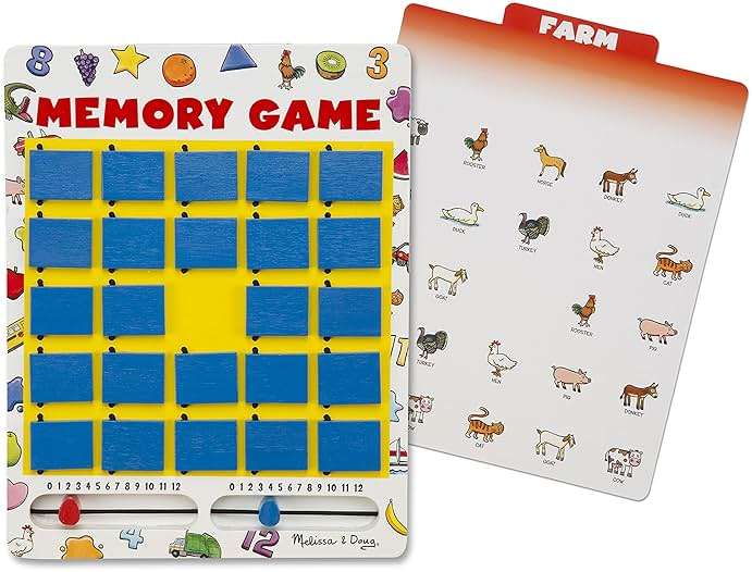 Melissa & Doug Flip-to-Win Portable Wooden Travel Game Board with 25 Flaps & 7 Double-Sided Memory Game Cards—Animals, Colors, Fruits, Shapes & Much More—Preschool Toys for Kids Ages 5+ - Image 1