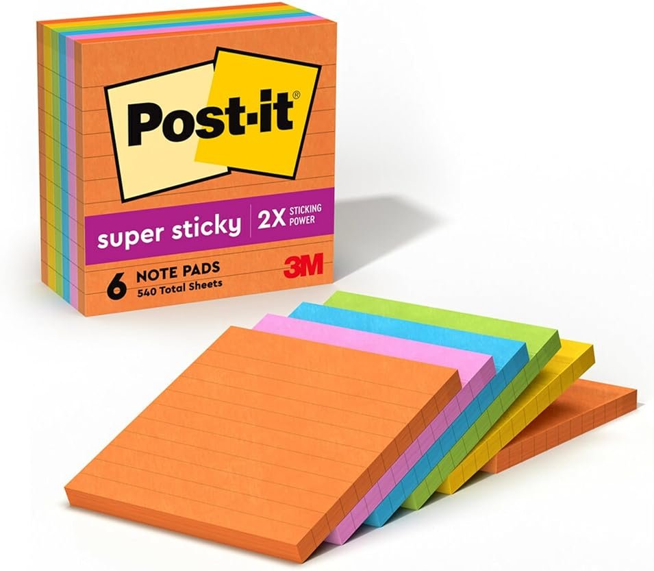 Post-it Super Sticky Lined Notes, 6 Sticky Note Pads, 4 x 4 in., School Supplies, Office Products, Sticky Notes for Vertical Surfaces, Monitors, Walls and Windows, Energy Boost Collection - Product Image