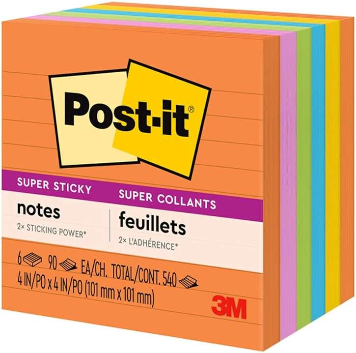 Post-it Super Sticky Lined Notes, 6 Sticky Note Pads, 4 x 4 in., School Supplies, Office Products, Sticky Notes for Vertical Surfaces, Monitors, Walls and Windows, Energy Boost Collection - Image 14