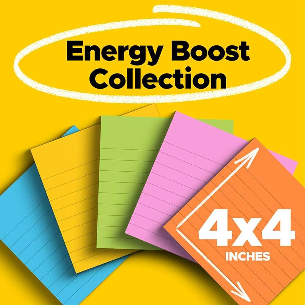 Post-it Super Sticky Lined Notes, 6 Sticky Note Pads, 4 x 4 in., School Supplies, Office Products, Sticky Notes for Vertical Surfaces, Monitors, Walls and Windows, Energy Boost Collection - Image 3