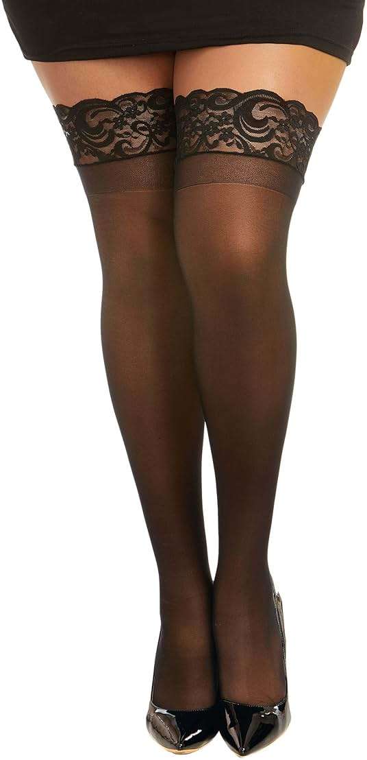 Dreamgirl Women's Plus Size Sheer Thigh High Pantyhose, Hosiery, Nylons, Stockings with Comfort Lace Top Anti-Slip Silicone Elastic Band, Black - Image 1