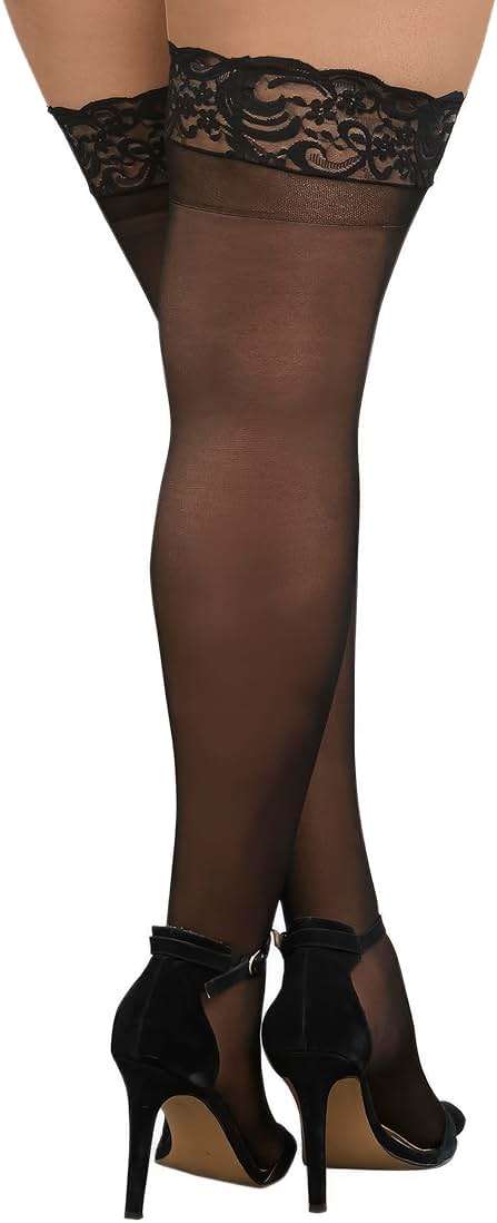 Dreamgirl Women's Plus Size Sheer Thigh High Pantyhose, Hosiery, Nylons, Stockings with Comfort Lace Top Anti-Slip Silicone Elastic Band, Black - Image 2