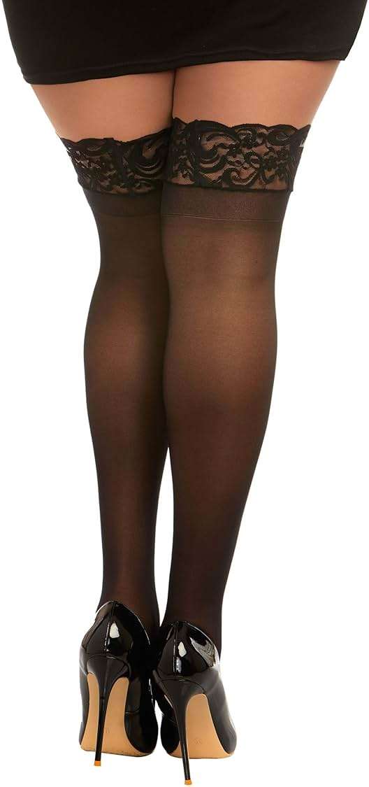 Dreamgirl Women's Plus Size Sheer Thigh High Pantyhose, Hosiery, Nylons, Stockings with Comfort Lace Top Anti-Slip Silicone Elastic Band, Black - Image 4