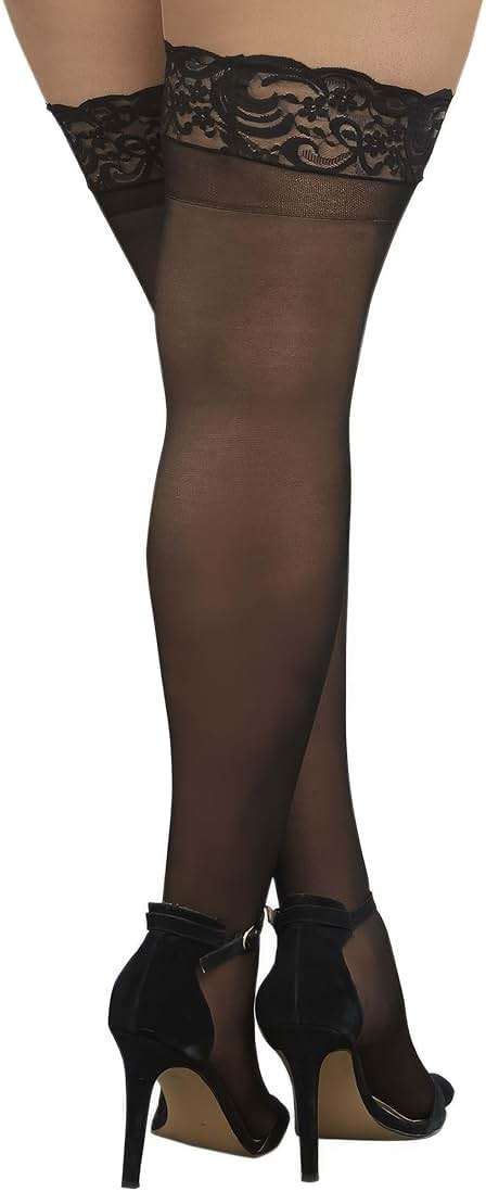Dreamgirl Women's Plus Size Sheer Thigh High Pantyhose, Hosiery, Nylons, Stockings with Comfort Lace Top Anti-Slip Silicone Elastic Band, Black - Image 5