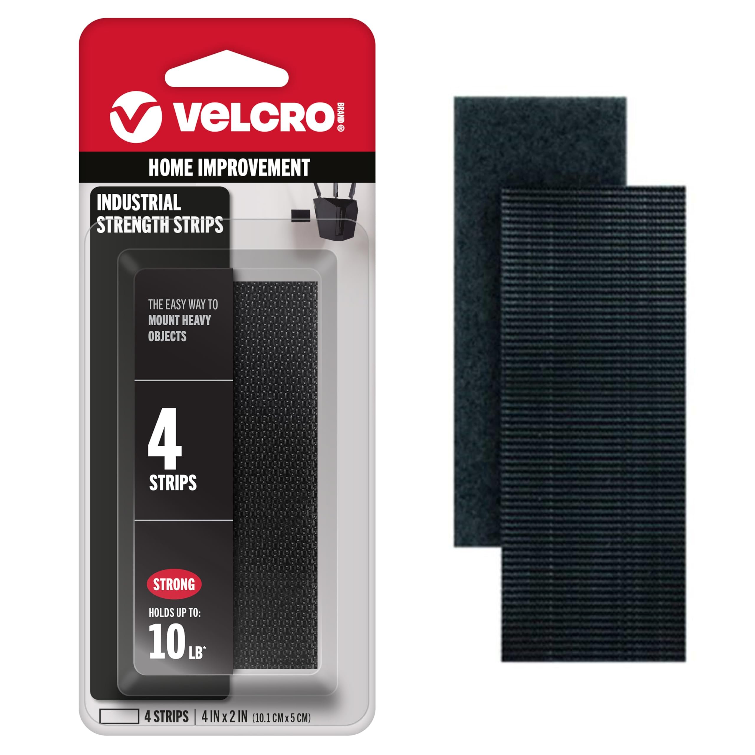 VELCRO Brand Heavy Duty Fasteners | 4x2 Inch Strips 4 Sets | Holds 10 lbs | Stick-On Adhesive Backed | Black Industrial Strength | For Indoor or Outdoor Use, 90209 - Product Image