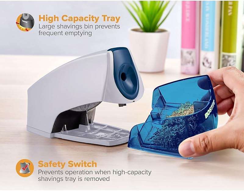 Bostitch Office Electric Pencil Sharpener for Classroom & Desk Use, Heavy-Duty Stall-Free Motor, High-Capacity Shavings Tray, Blue - Image 4