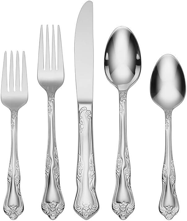 Oneida Silverware Set For 8, Azalea 45-Piece Everyday Flatware Set with Serving Utensils, Floral, Service For 8, 18/0 Stainless Steel, Dishwasher Safe, Knives Spoons And Forks Sets (Silver, 45 Pieces) - Product Image