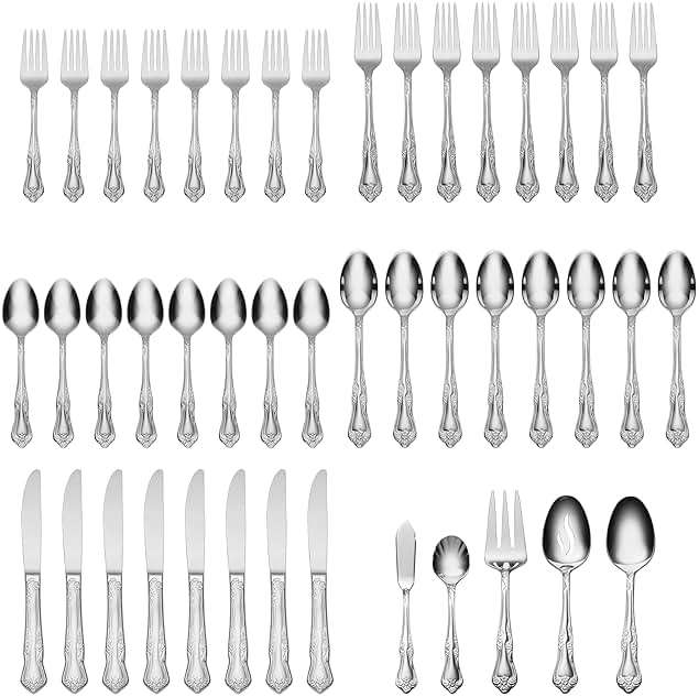 Oneida Silverware Set For 8, Azalea 45-Piece Everyday Flatware Set with Serving Utensils, Floral, Service For 8, 18/0 Stainless Steel, Dishwasher Safe, Knives Spoons And Forks Sets (Silver, 45 Pieces) - Image 3