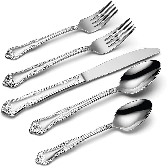 Oneida Silverware Set For 8, Azalea 45-Piece Everyday Flatware Set with Serving Utensils, Floral, Service For 8, 18/0 Stainless Steel, Dishwasher Safe, Knives Spoons And Forks Sets (Silver, 45 Pieces) - Image 4