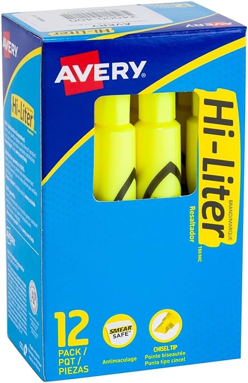 Avery Hi-Liter Desk-Style Highlighters, Smear Safe Ink, Chisel Tip, 12 Fluorescent Yellow Highlighters (24000) - Product Image